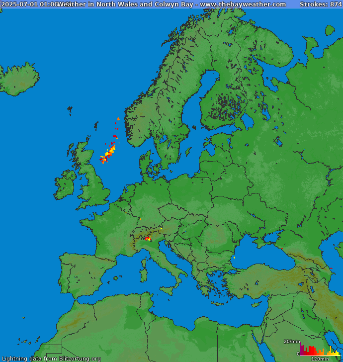 Mapa blesků Evropa 01.07.2025 (Animace)