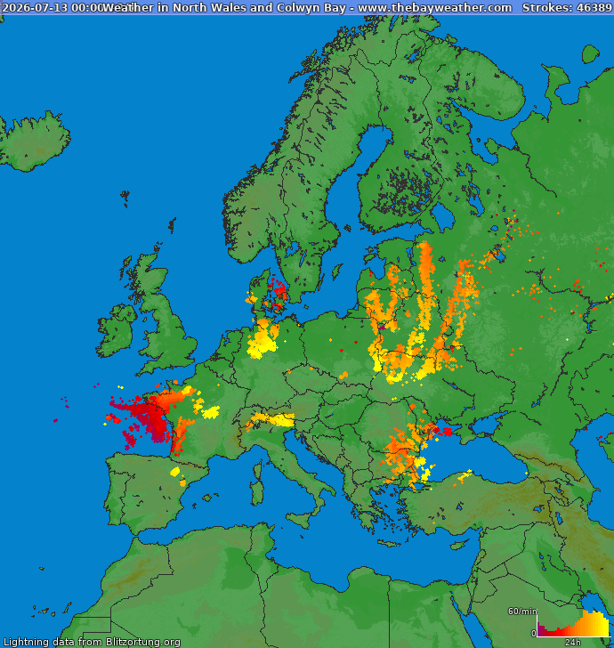 Lightning map Europe 2026-07-14